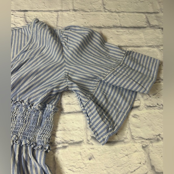 Max Studio Light Blue Striped Short Sleeve Dress. VNeck. Midi Length. - Picture 4 of 10